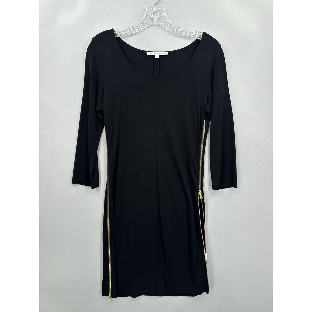 Amanda Uprichard‎ Dress Womens Large Black Gold 3/4 Sleeve Zip Rayon Made USA